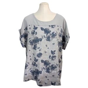 LUNGO L’ARNO Made In Italy Womens Plus 1X 100% Linen Top Gray Floral High Low